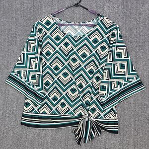 Per Seption Concept Blouse Womens 3X Green Black White Geometric 3/4 Sleeve Top